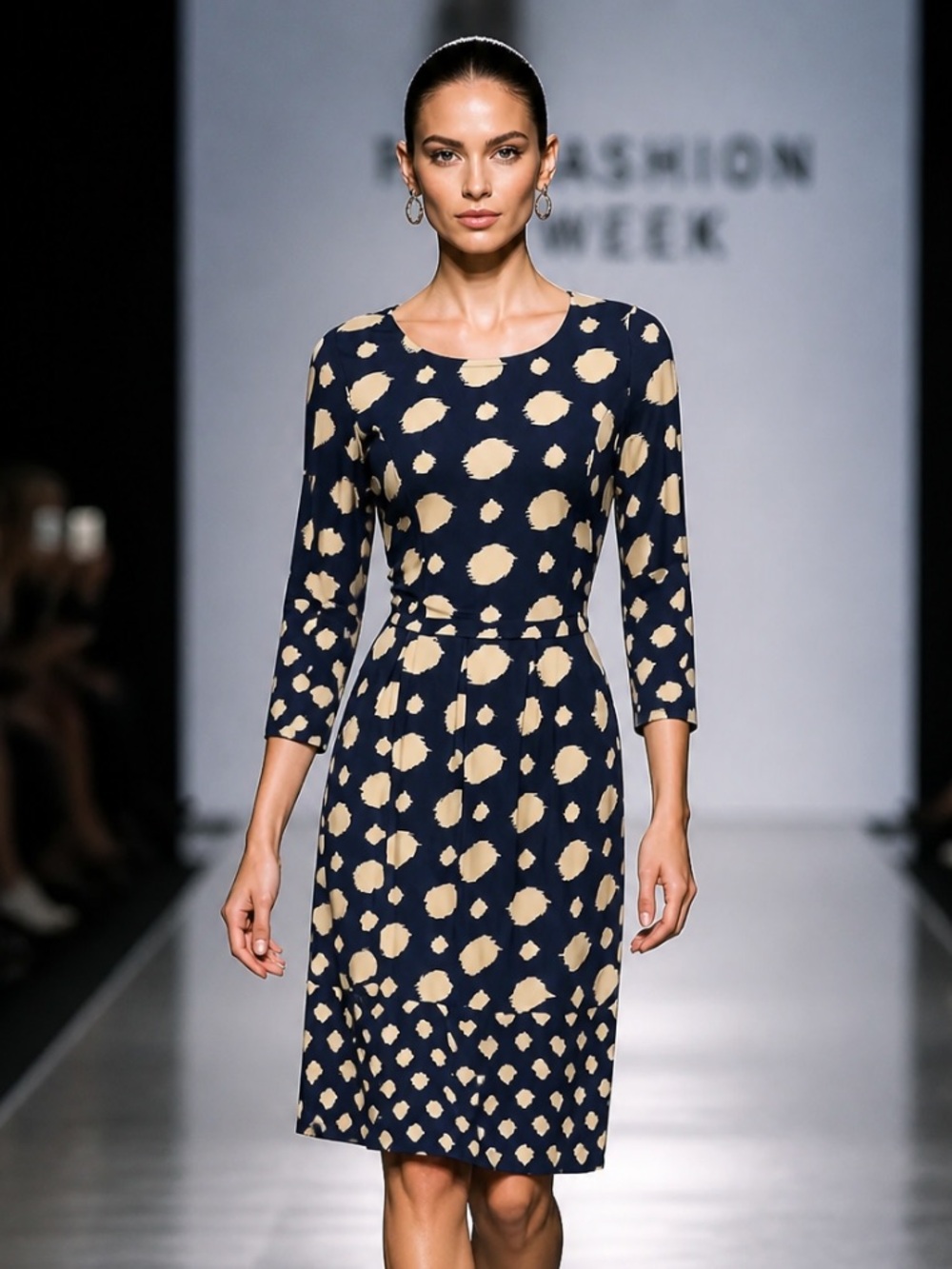 REBORN Dress Fit Flare Skirt Stretchy Career Pleated Navy Blue Polka Dot